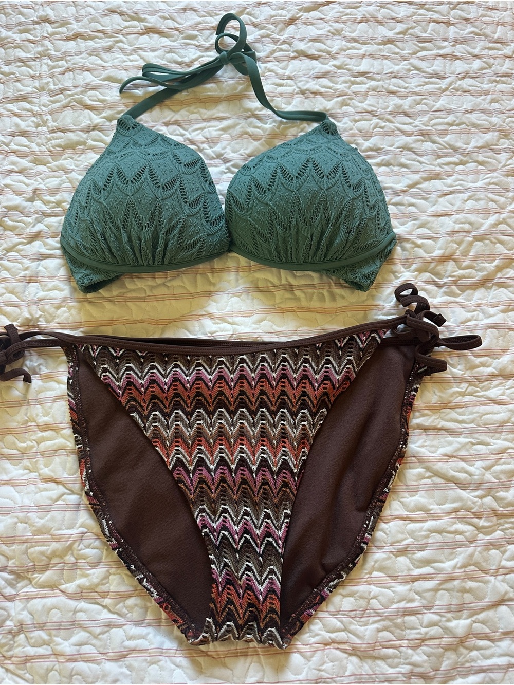 Shade & Shore Teal Crochet Bikini Top with Brown & Multicolor Bottom